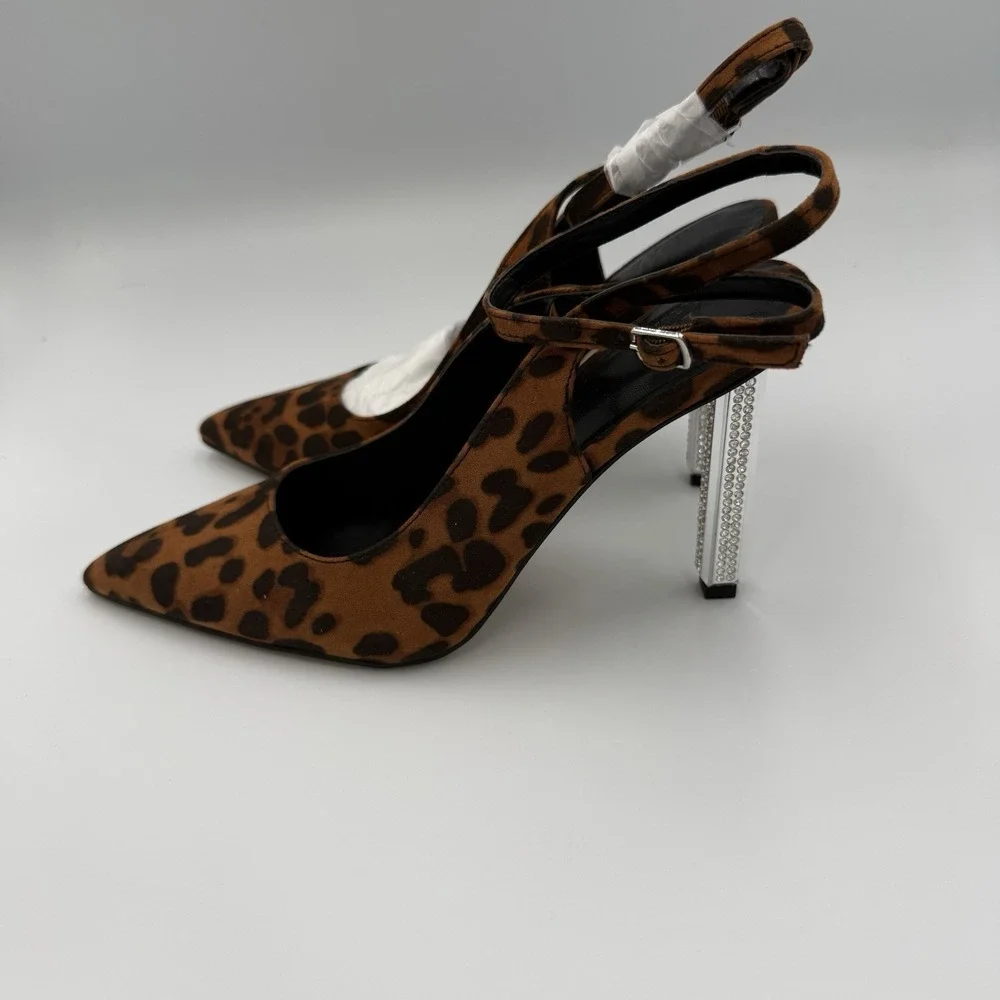 Amina Muaddi Leopard Print Slingback Crystal Heel Pumps Women's‎ Size 7M